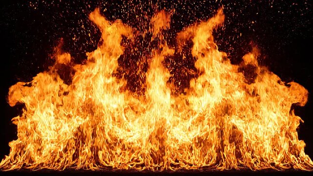 Dynamic Fire Flames Erupting Across Black Background with Cinematic Motion for Commercial Use