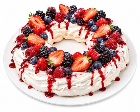Delicious pavlova cake with fresh mixed berries and red fruit sauce
