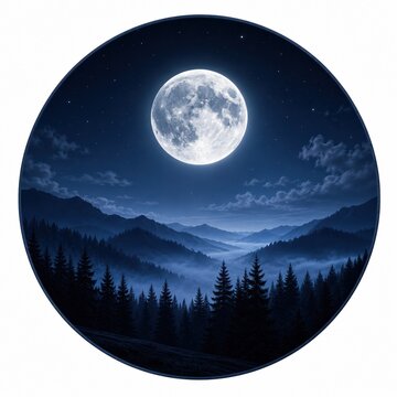 Full moon over a dark forest landscape in a circular frame