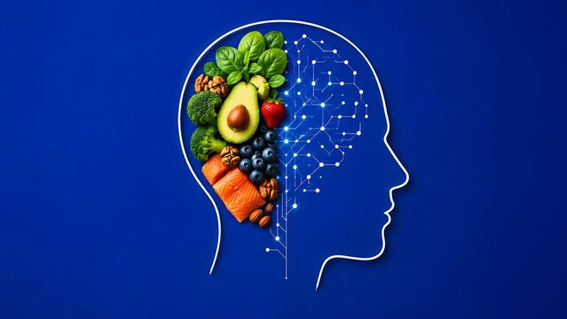 Neurotech nutritional science concept showing half brain of healthy food and half digital circuit for cognitive optimization