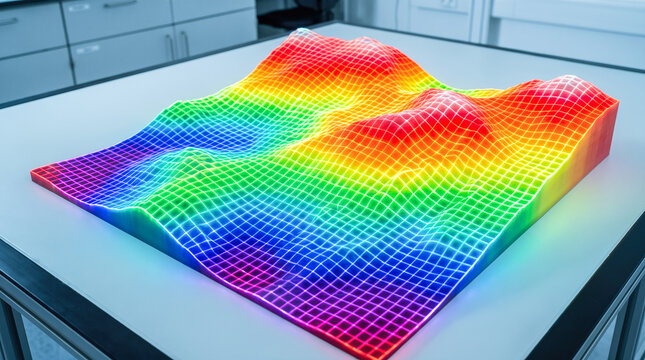 Three dimensional printed plastic topographical landscape map featuring bright rainbow gradient colors overlaid with white grid lines resting upon silver laboratory desk