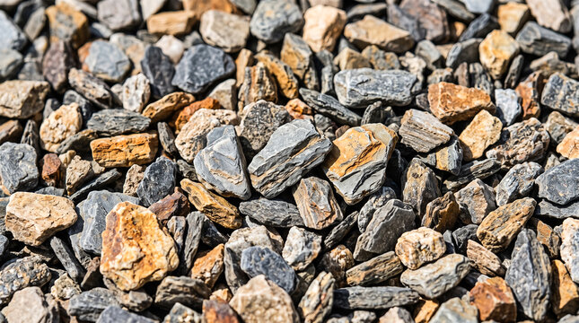 Macro close up showing irregular sharp jagged grey brown gravel stones resting completely flat outdoors creating rough natural rock texture surface background