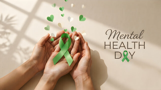 Hands holding a green ribbon for mental health awareness day with floating heart shapes on a soft neutral background representing support and care concepts