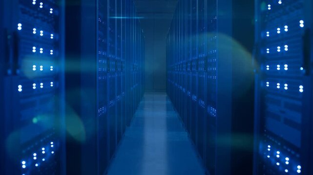 Modern data center server room corridor with illuminated racks for cloud computing network infrastructure technology
