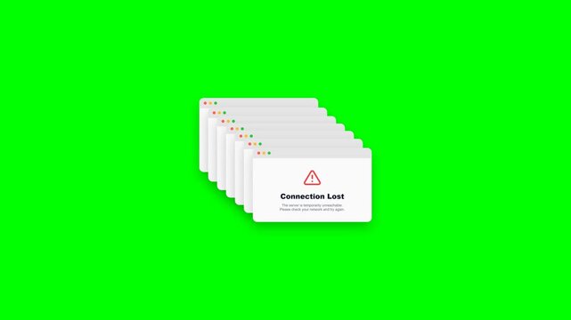 Multiple Connection Lost Error Pop Up Windows Animation on Green Screen.
