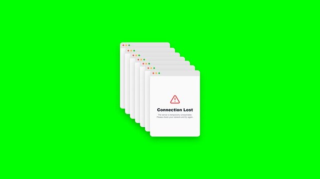 Animated Stack of Connection Lost Error Notification Windows on Green Screen.