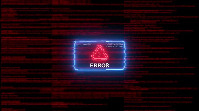 Digital error warning sign with glitch effect and scrolling red computer code background