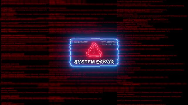 System error warning sign with glitch digital code background, cyber security alert animation