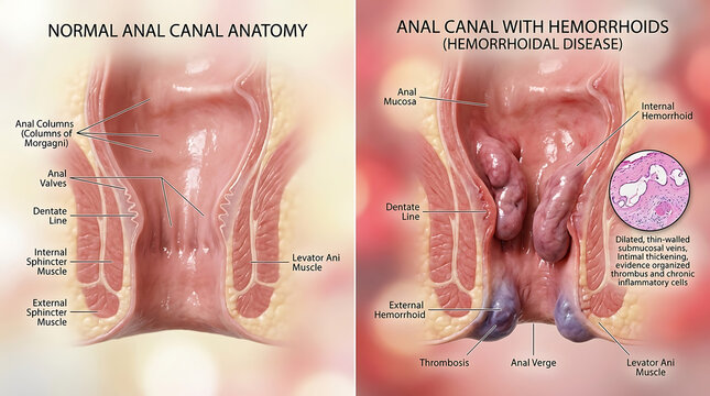 Healthy Anal Canal Versus Hemorrhoids Variceal Cushions and Thrombosis