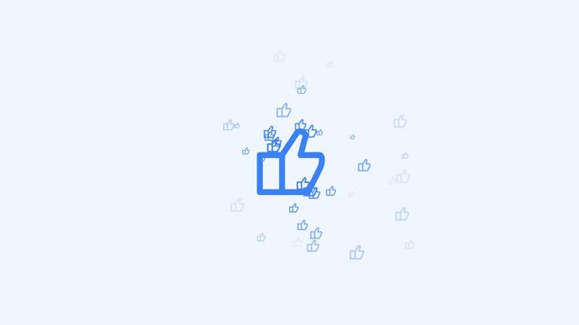 Animated Blue Thumbs Up Icon with Floating Social Media Symbols on Light Background.