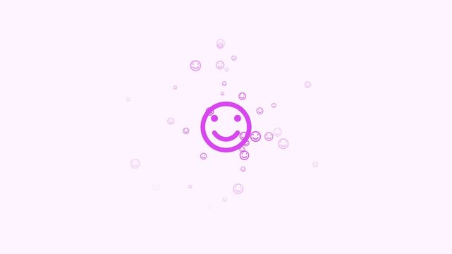Animated Purple Smiley Face Icon with Floating Bubbles and Particles Background.
