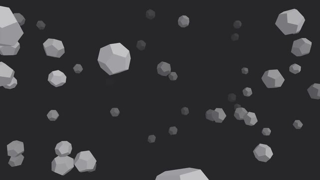 Abstract 3D Animation Featuring Floating Geometric Polyhedron Shapes in Dark Space.
