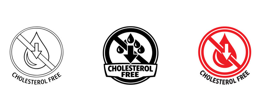Cholesterol free icon with low cholesterol label, isolated vector symbol for healthy food packaging.
