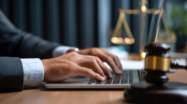 Businessman typing on laptop at desk with gavel and scales of justice in the background, representing legal profession and law practice