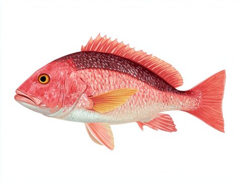 Red Snapper Fish Illustration With Detailed Pink And Orange Scales On Clean White Background