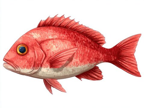Red Snapper Fish Illustration With Detailed Scales And Fin Texture On White Isolated Background