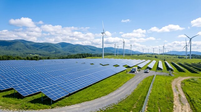 Field of solar panels and wind turbines for clean electricity generation