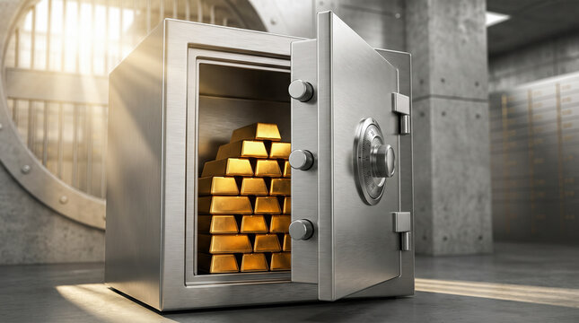 Heavy steel bank safe with thick open door revealing large stack of shiny golden bars resting inside secure concrete underground financial vault