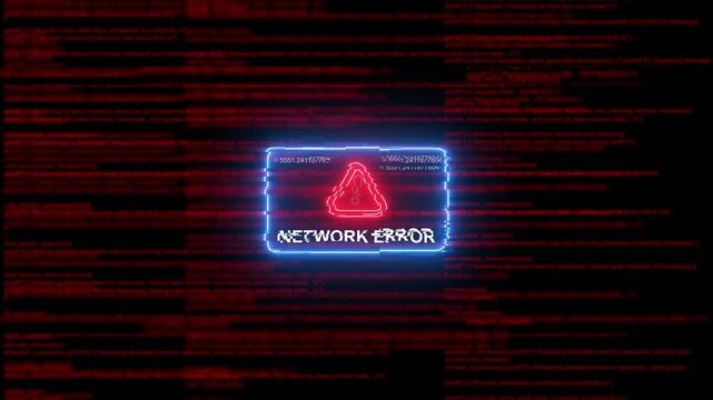 Network error warning sign with glitch digital code background, cyber security alert animation connection failed