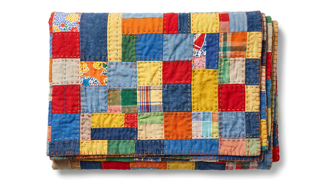 Colorful Handcrafted Patchwork Quilt Isolated on White Background