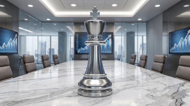 Silver metal chess king piece standing alone atop polished marble table inside modern corporate boardroom displaying financial growth charts on background screens
