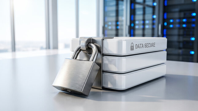 Heavy steel padlock securing stacked white digital storage drives resting on desk inside modern server room protecting sensitive corporate network information databases