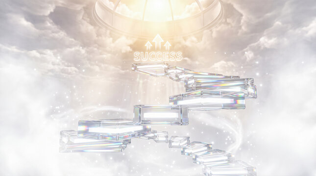 Spiral glass steps leading upward toward bright sky featuring neon success sign with arrows pointing into illuminated clouds inside large dome structure