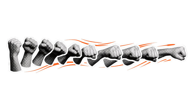 Comic book style punch motion sequence with halftone fist illustration