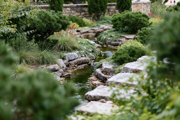 Obraz premium The Stone Lined Garden Stream Winding Through Lush Terraced Landscaping And Tranquil Surroundings