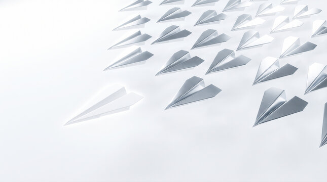 White paper airplane leading multiple silver origami planes flying ahead across bright clean background showing unique direction and distinct group movement perfectly