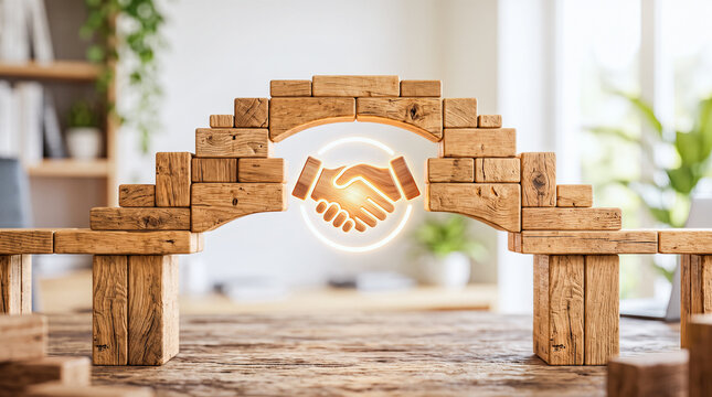 Arched bridge structure built from rectangular wooden blocks featuring glowing neon handshake symbol floating underneath against bright blurred background interior setting