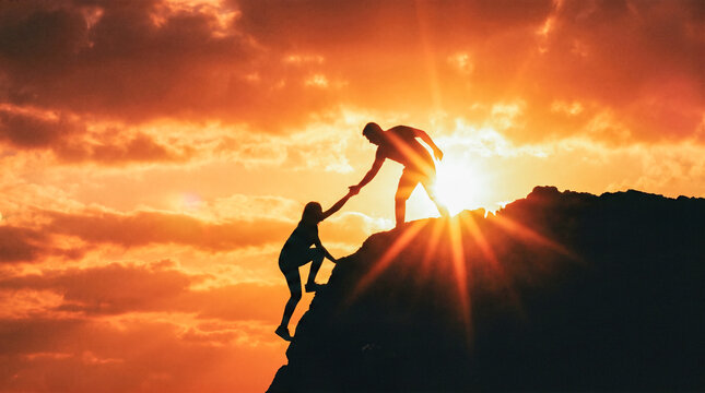 Two energetic hikers assisting each other climbing steep rugged mountain peak holding hands directly in front of vibrant bright orange sunset
