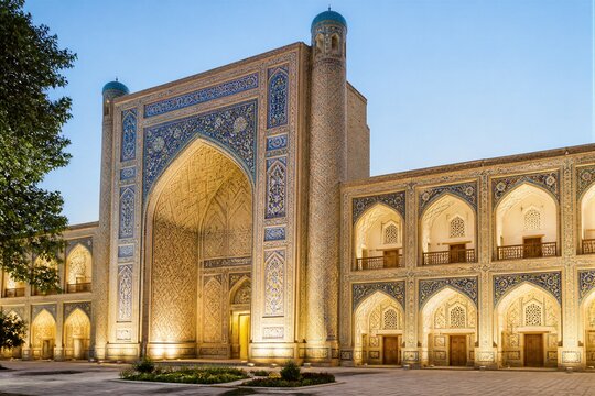 Ornate madrasah portal glowing with lights in evening courtyard