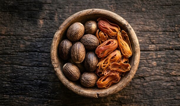 Whole Nutmeg Jaiphal and Mace Javitri Spices in Rustic Wooden Bowl Flat Lay
