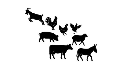 Fototapeta premium Dynamic Farm Animal Silhouettes with Goat Rooster Chicken Cow Pig Sheep and Donkey