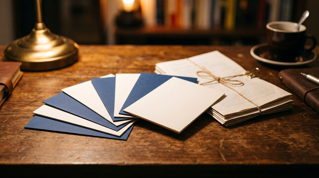 Blue-White Cards and Stationery Spread on Dark Wooden Desk
