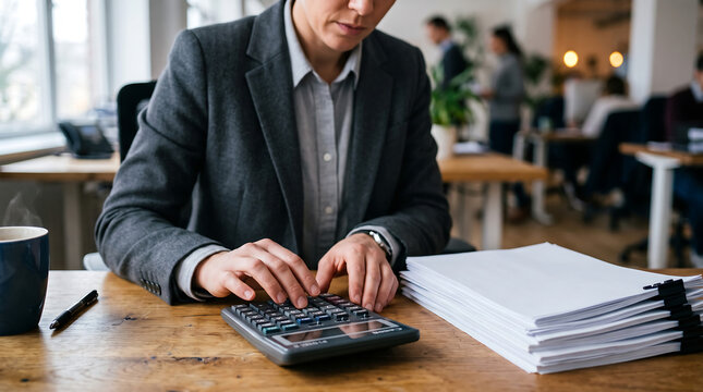 Businessman Typing on Calculator at Office Work Desk

