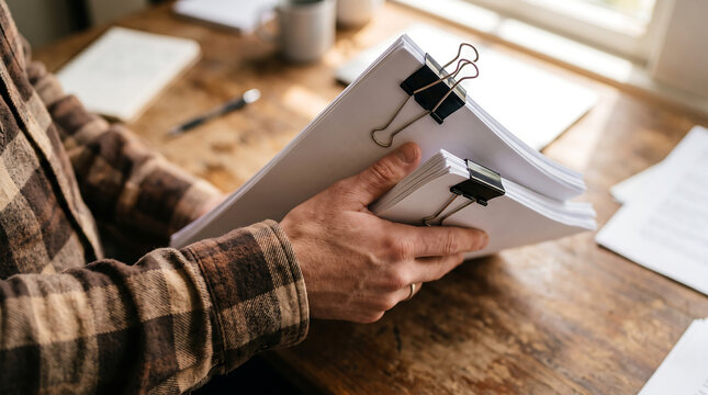 Hand Holding Stack of Papers Secured with Binder Clips at Desk
