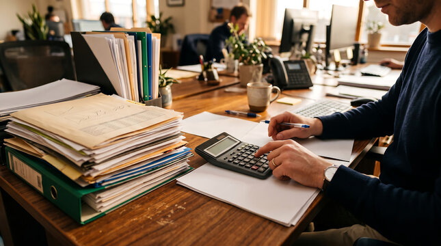 Hands Using Calculator and Documents on Wooden Office Desk
