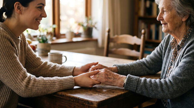 Younger Woman Holding Hands with Elderly Woman &ndash; Care and Connection
