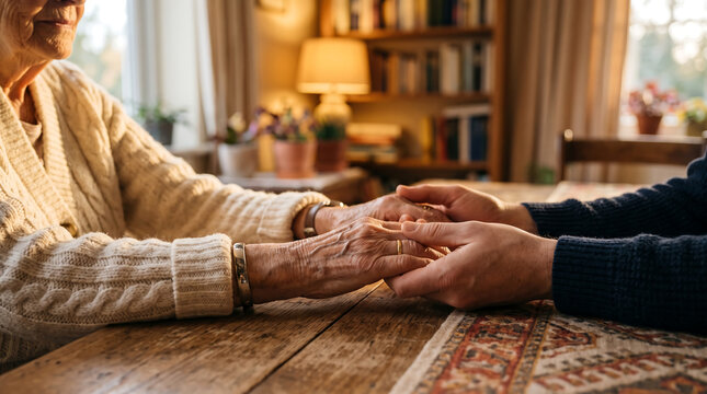 Hands Held Across Table &ndash; Loving Care and Intergenerational Bond
