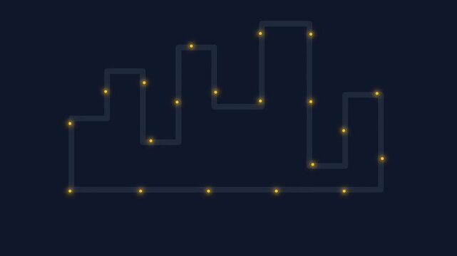 Abstract Digital City Skyline Animation with Glowing Nodes and Connecting Lines.