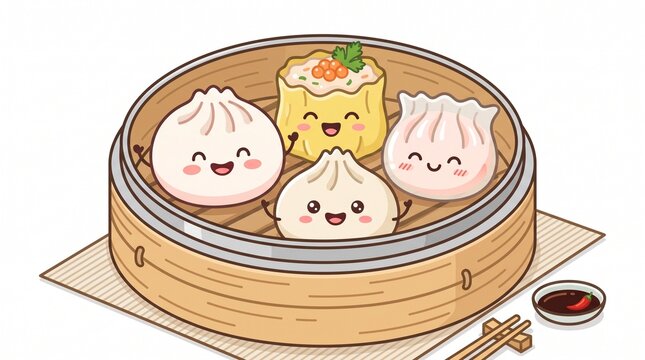 Cute kawaii dim sum set illustration in bamboo steamer basket, baozi, gyoza, dumplings, and shumai with smiling faces vector stock art on white background