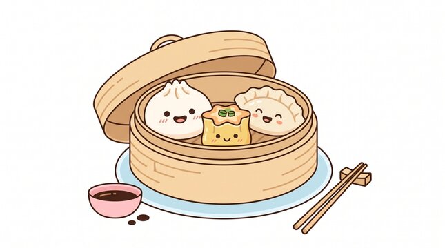 Cute kawaii dim sum set illustration in bamboo steamer basket, baozi, gyoza, dumplings, and shumai with smiling faces vector stock art on white background