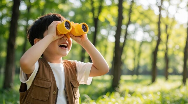 Young boy explores forest with binoculars, discovering nature wonders. He wears a vest and laughs joyfully amid sunlit trees, enjoying an outdoor adventure.