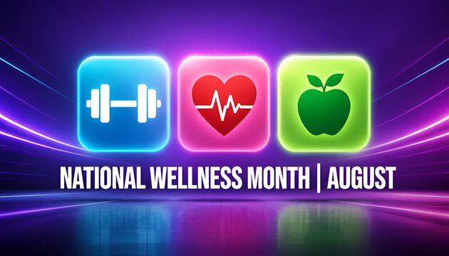 National Wellness Month Banner with Neon Health and Fitness Icons