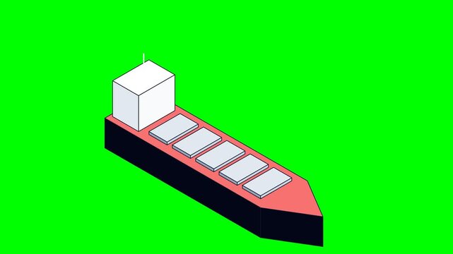 Isometric 3D Animation of a Cargo Ship Sailing on Green Screen Background.