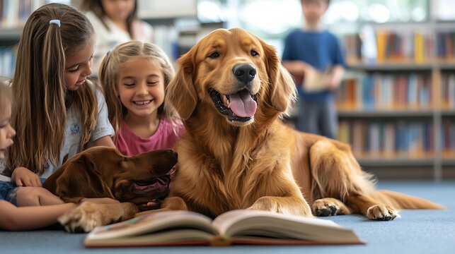 Therapy dog reading book with children in library high resolution picture