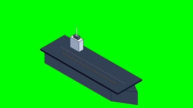 Isometric 3D Animation of a Military Aircraft Carrier on Green Screen.