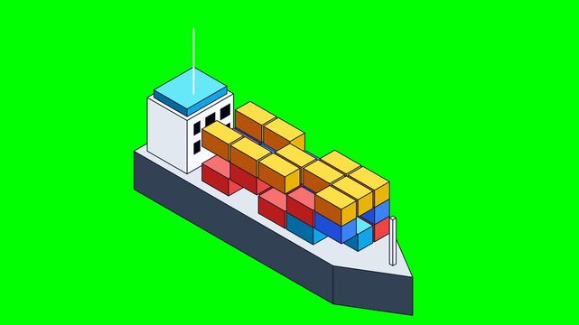 Isometric Animation of a Cargo Ship Transporting Containers on a Green Screen Background.